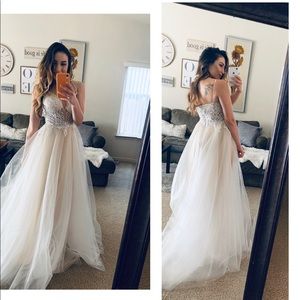 Giselle White & Nude Embroidered Rhinestone Dress